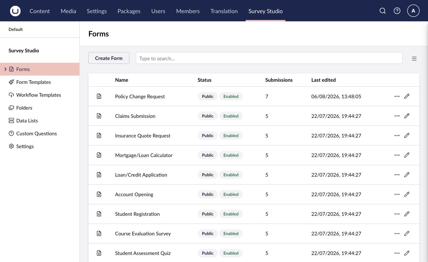 List of surveys in the SurveyStudio section of the Umbraco backoffice