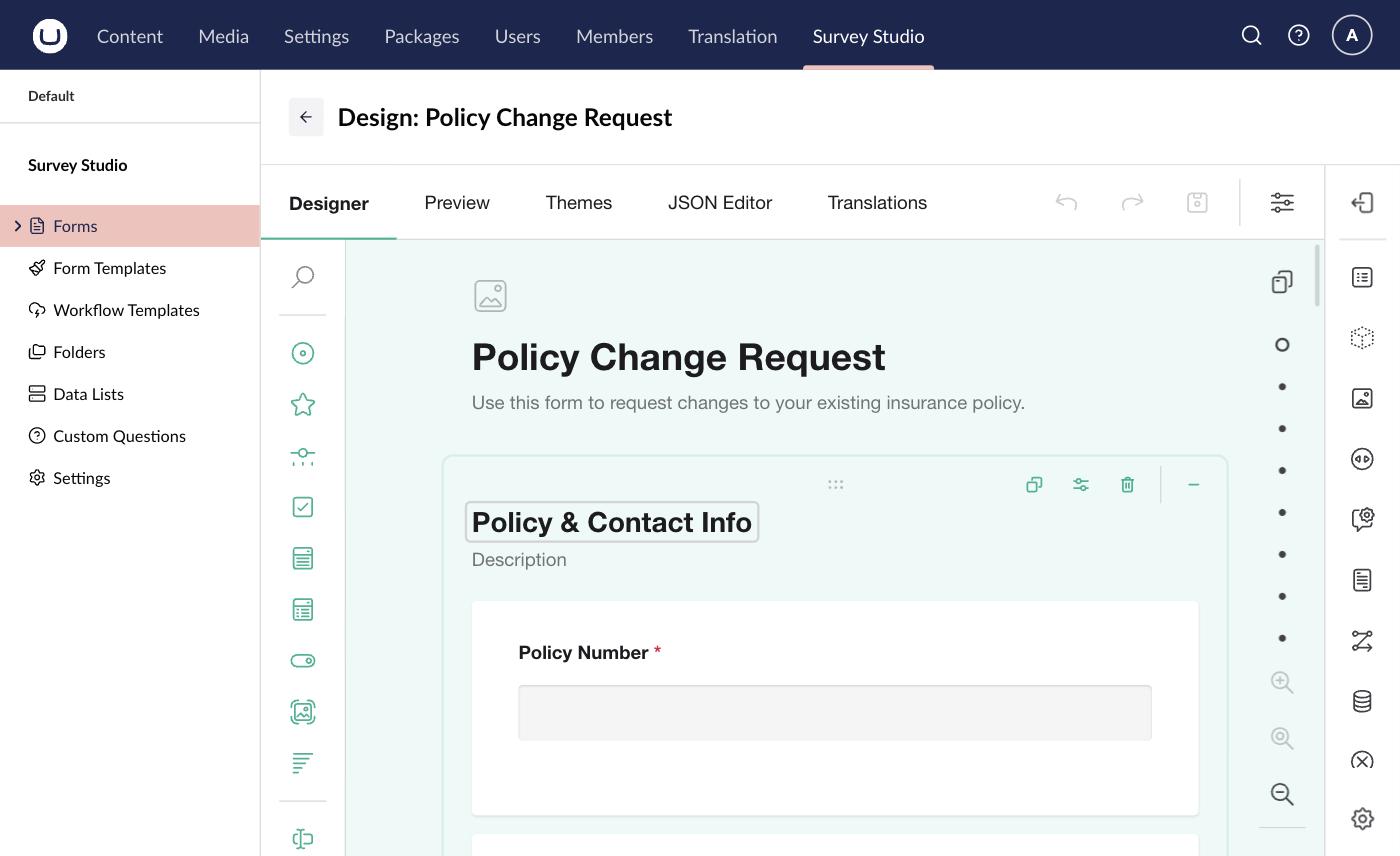 SurveyStudio form designer for building surveys in the Umbraco backoffice